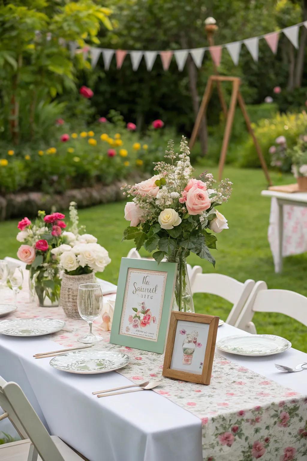 Themed decorative items add a personal touch to the garden party decor.