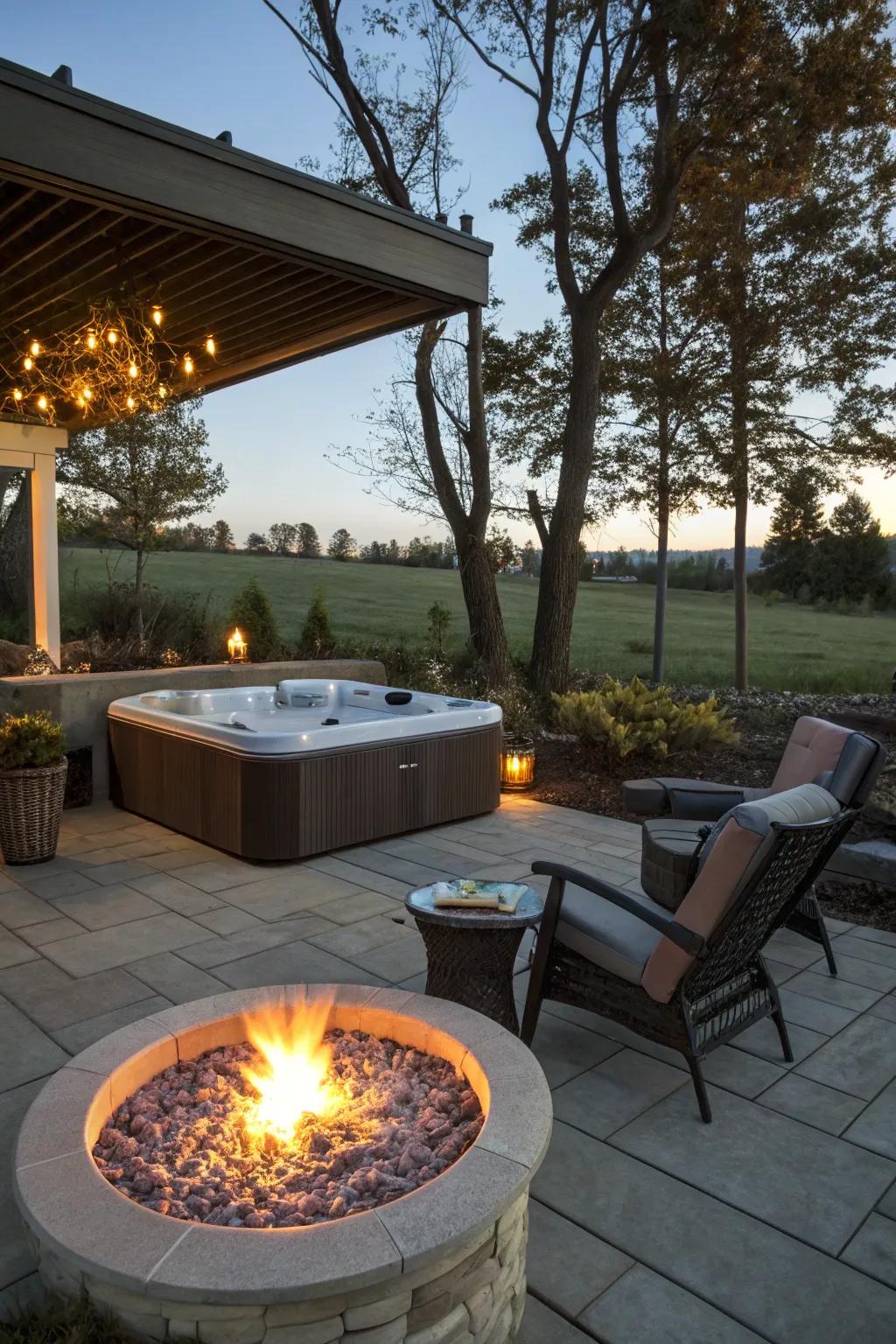 Fire features add a cozy touch to your spa tub nights.