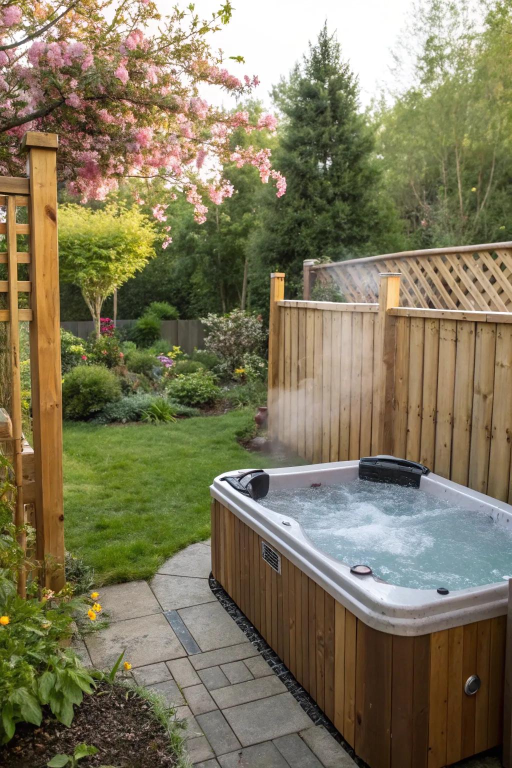A rustic fence wonderfully complements the natural setting of a backyard hot tub.