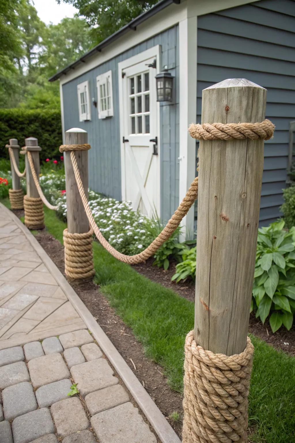 Realize a rustic aesthetic with fiber-wrapped pillars in your backyard.