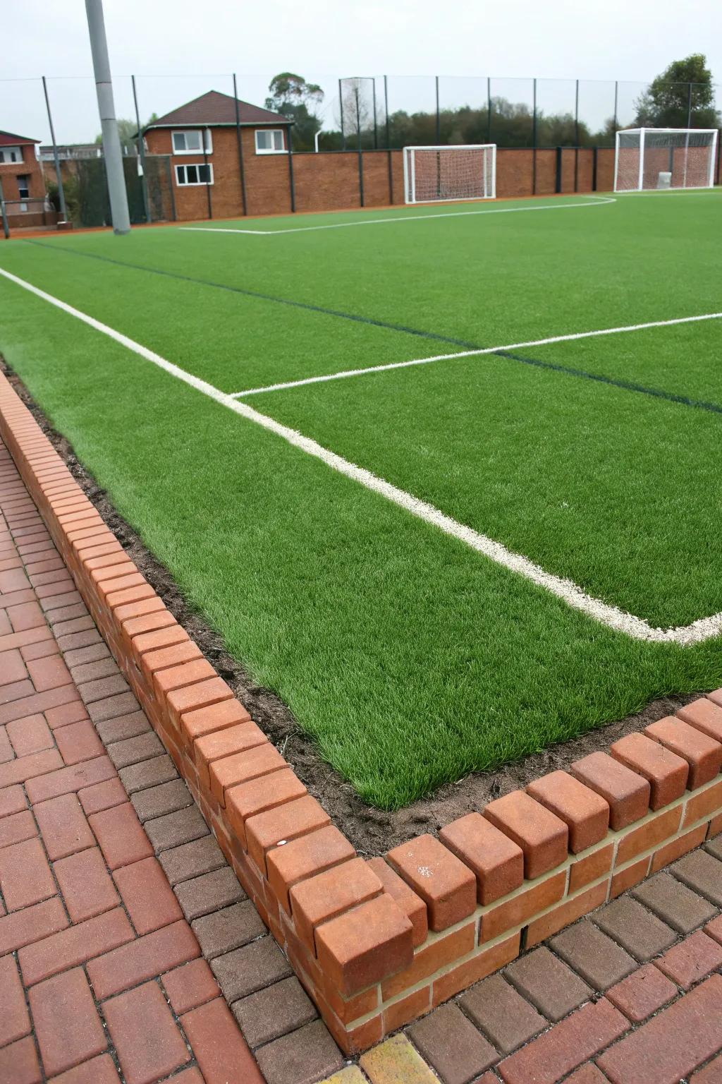 Sharp brick borders highlight the plush artificial lawn.