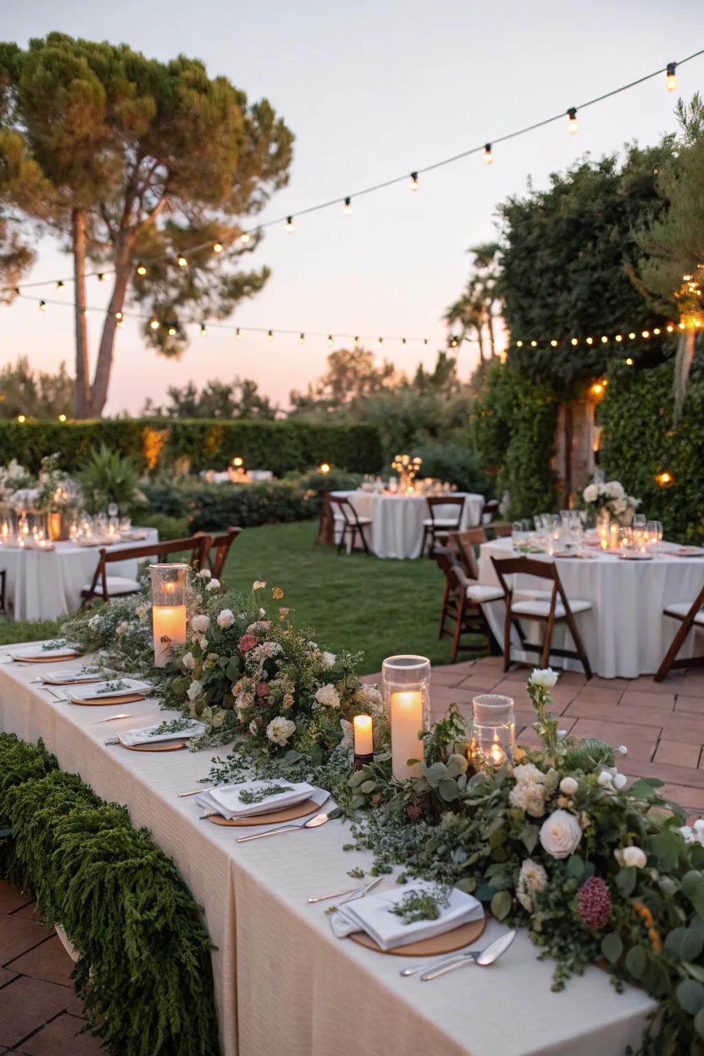 Elegant party tables are arranged using greenery and lighting to produce a tranquil environment.