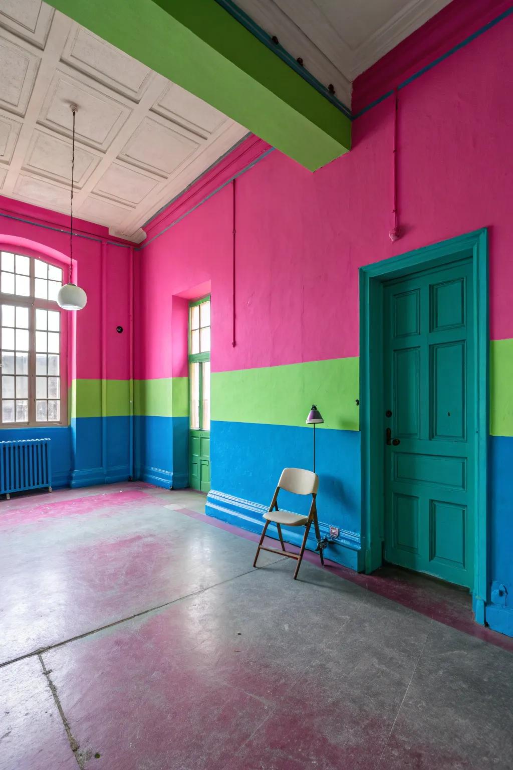 A room showcasing a bold and conflicting neon color scheme.
