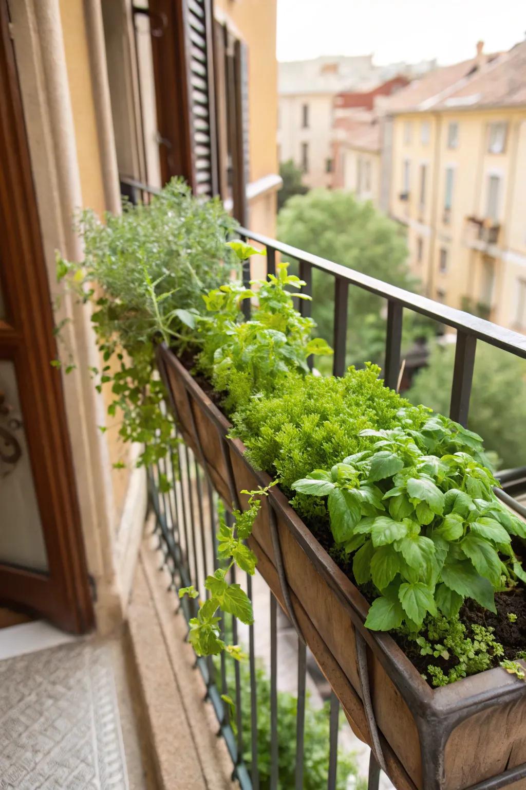Window boxes provide convenient access to fresh herbs directly outside your door.