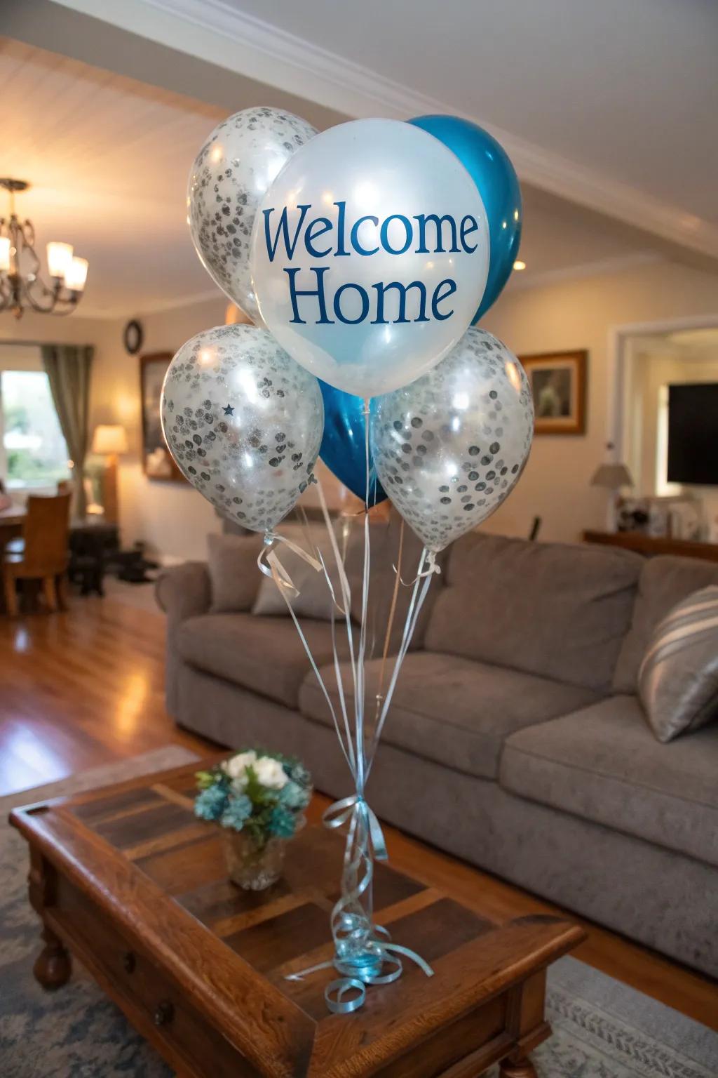 A personalized 'Welcome Home' balloon arrangement makes a striking impression.