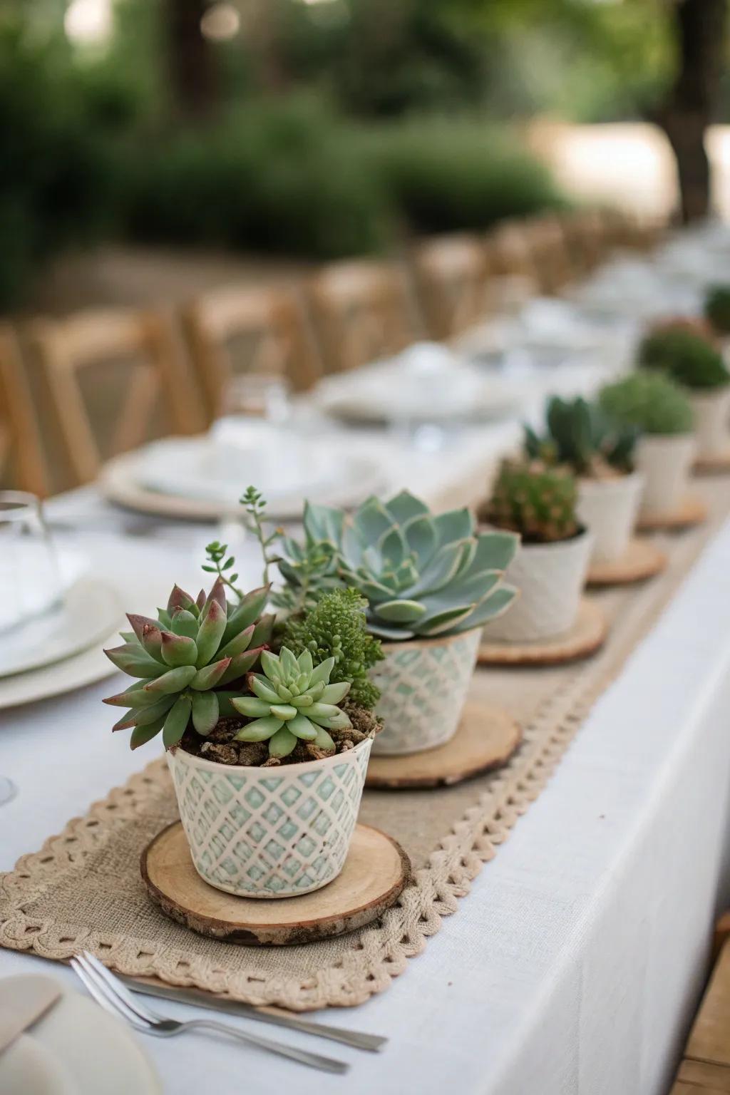 Succulents arranged for a pristine, modern centerpiece.