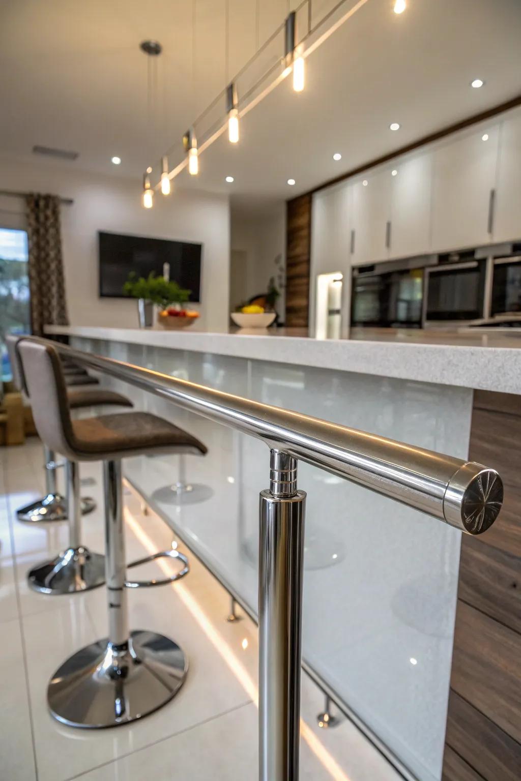 A chic and modern look enhanced by a polished metal foot rail.