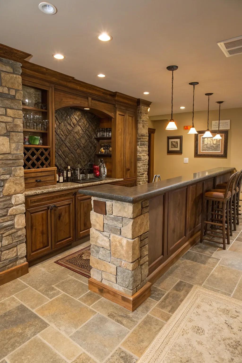 A harmonious home bar enriched with organic stone elements.