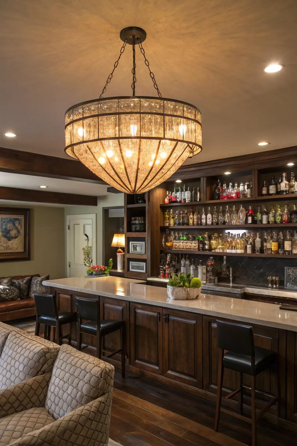 An elegant chandelier acts as a stunning focal point within the bar.