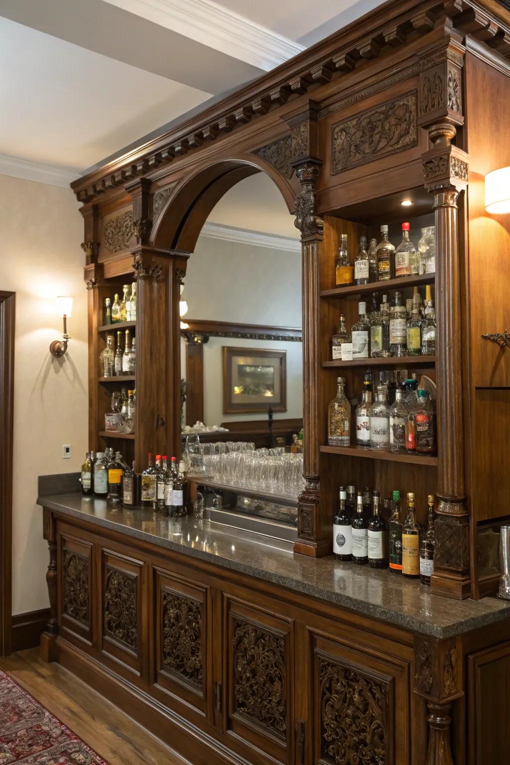 Timeless elegance including vibrant wood and mirrored shelving.