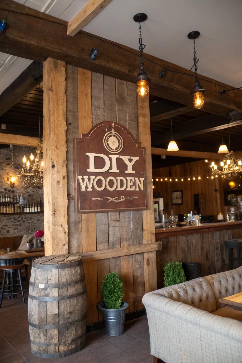 DIY timber signs contribute a personalized and sustainable accent.