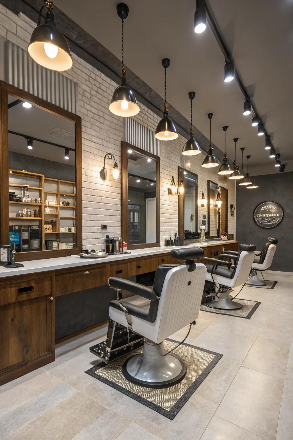 Understated lighting establishes a tidy and modern barbershop environment.