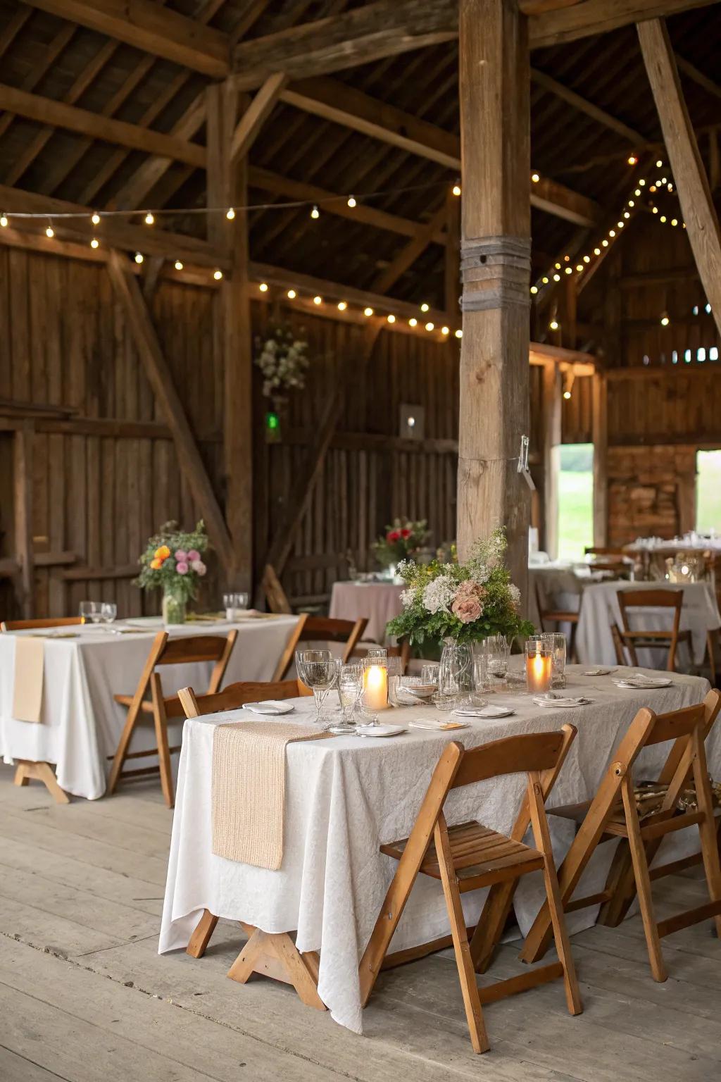 Rustic wooden furniture complements a barn dance perfectly.