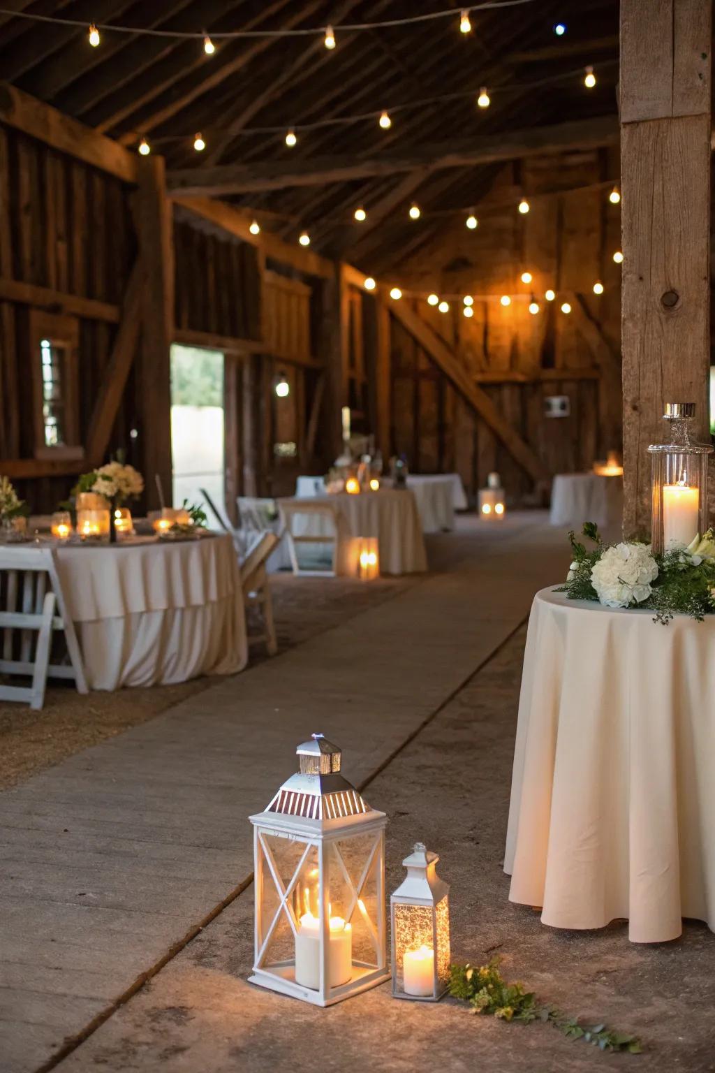Lights and tapers enhance the inviting sensation of barn environments.