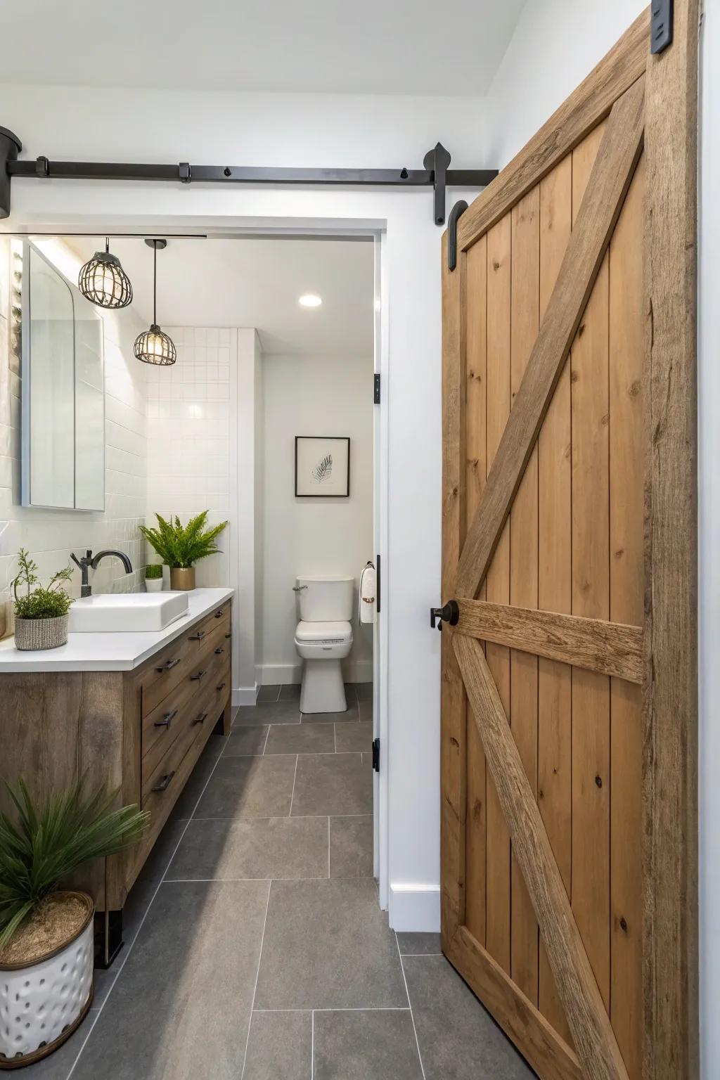 Sliding barn doors are stellar space-savers for constricted bathrooms.