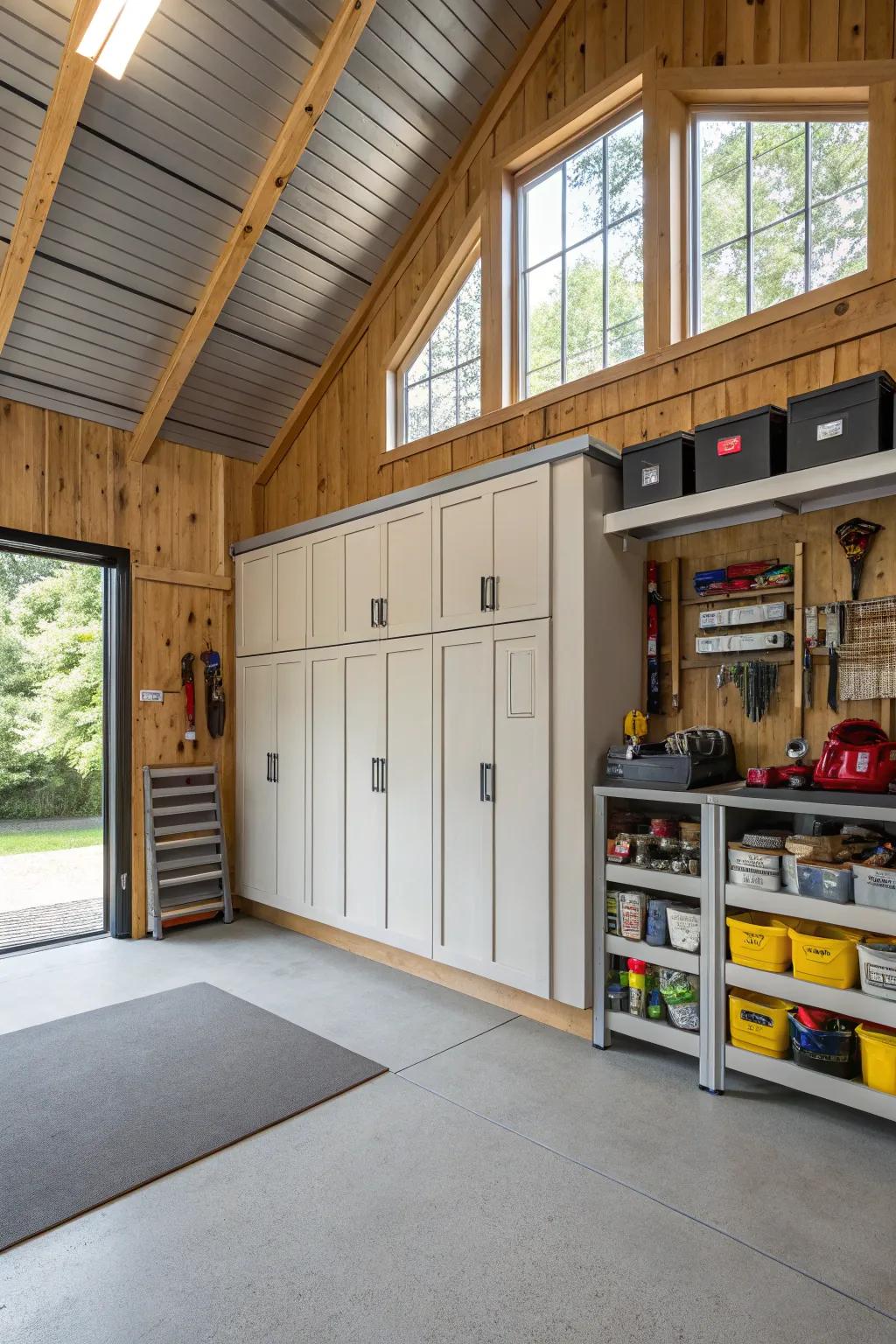Cabinets and shelves maintain the barn garage's organization and tidiness.