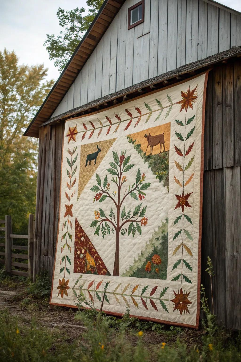 Barn quilt depicting a rustic woodland scene.