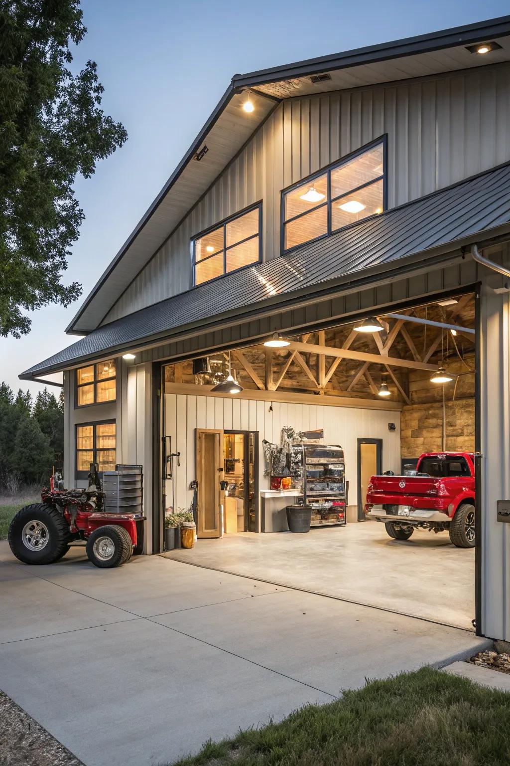 Garage spaces offer versatility for work and storage needs.