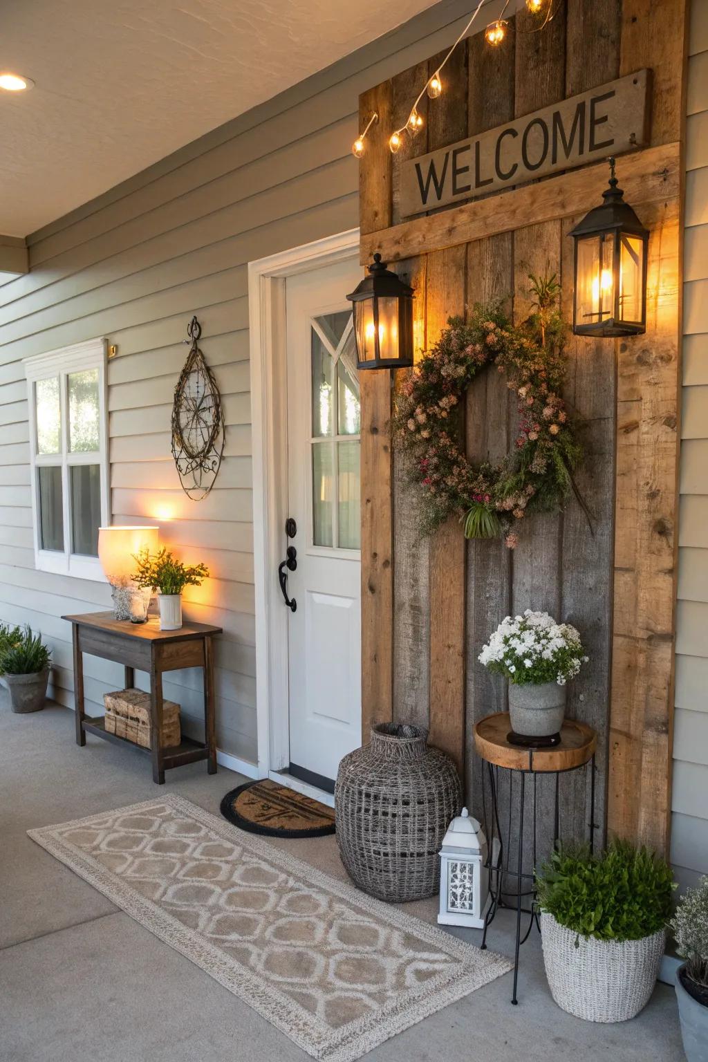An inviting entrance exhibiting a wood plank wall.