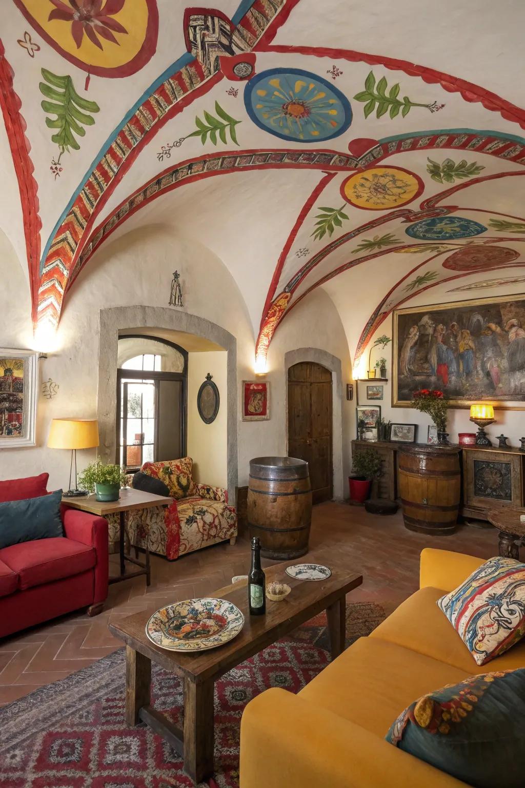 An artistic living space featuring a vibrant colored arched ceiling.
