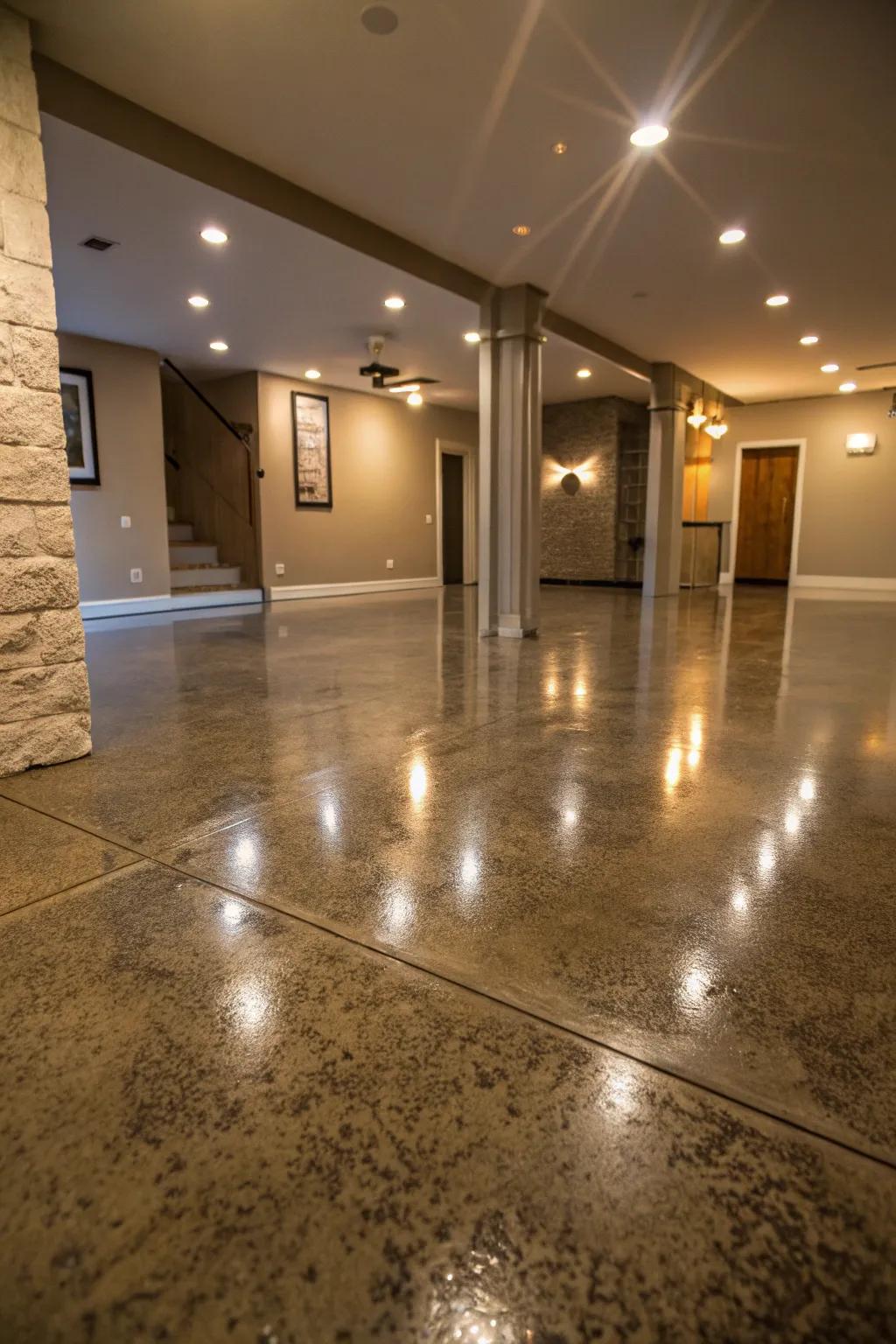 Ambient lighting elevates the texture and color of concrete floors, enhancing the overall sophistication.