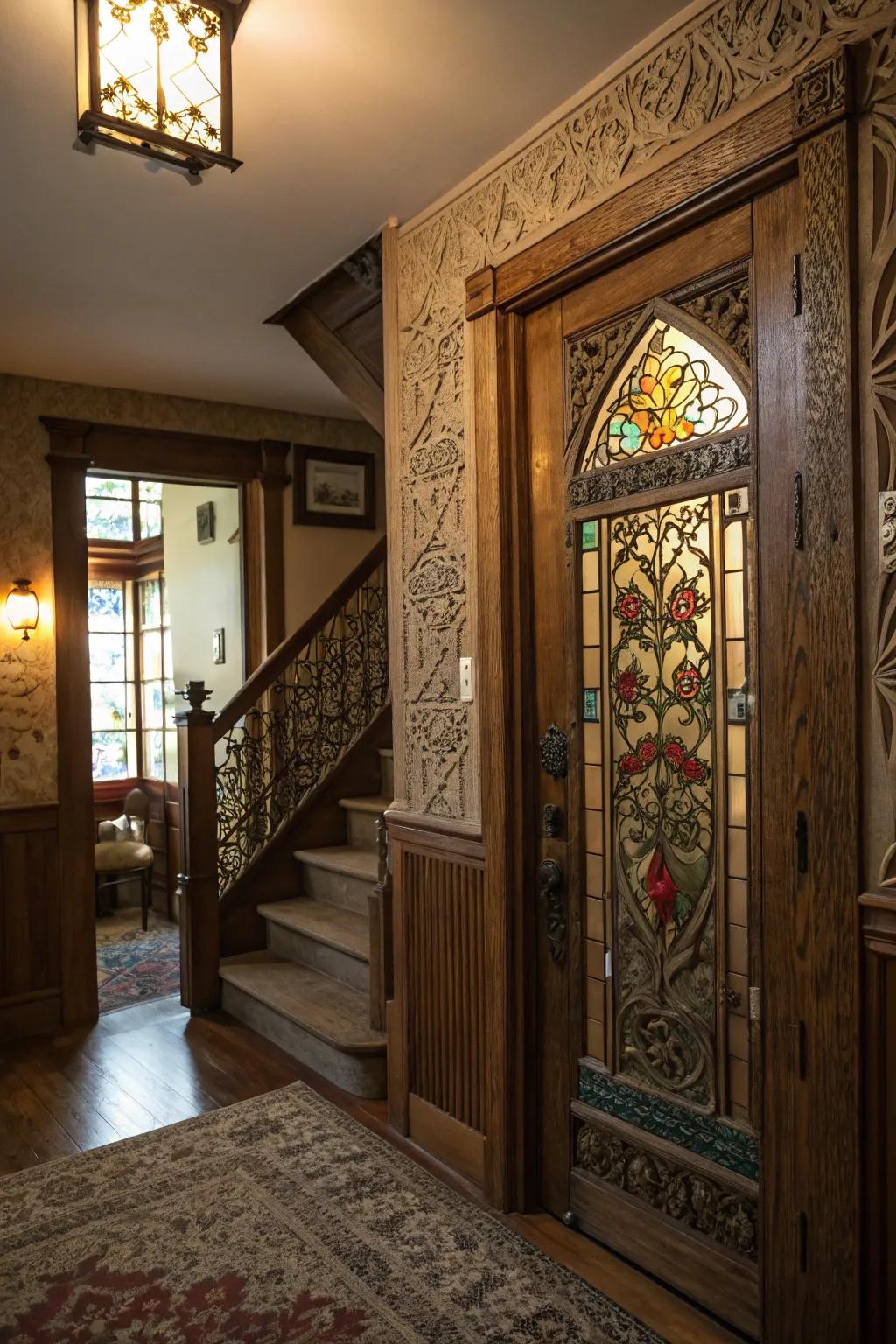 Ornamental details on a basement door enhance its elegance and charm.