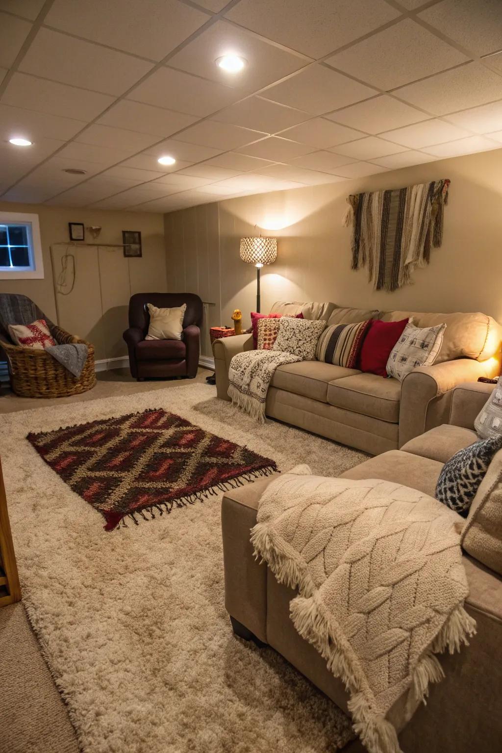 Soft fabrics improve the comfort of this cozy basement.
