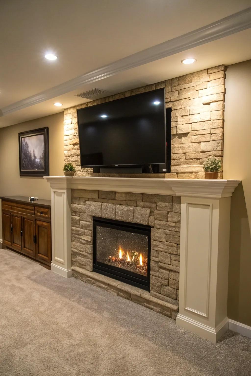 A basement TV wall integrating an artificial fireplace, adding warmth and atmosphere to the entertainment zone.