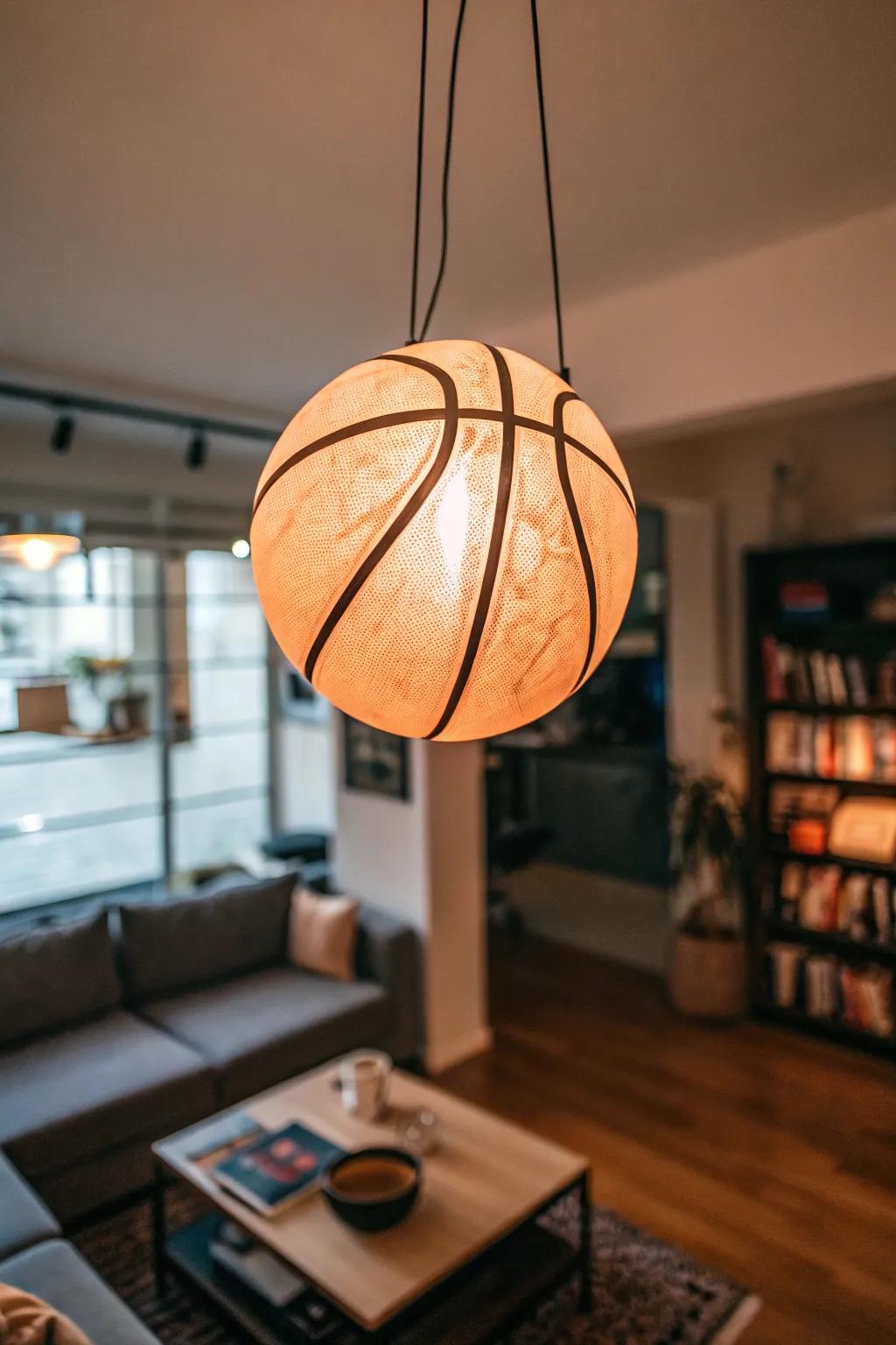 A fixture shaped like a basketball illuminates the room.