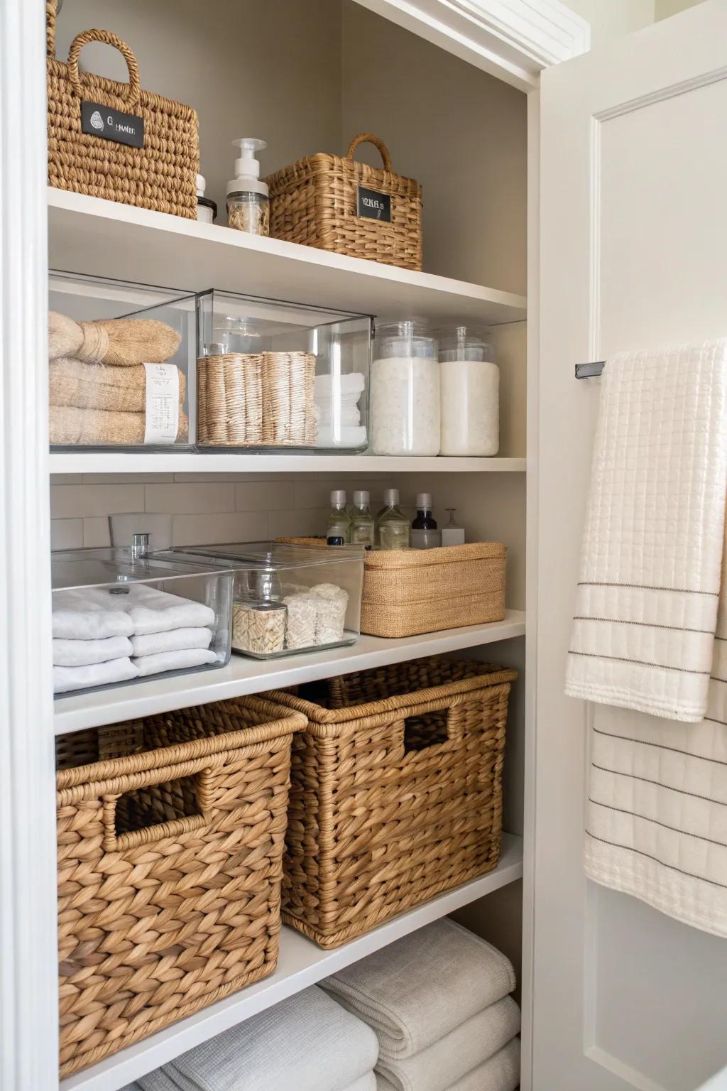 A mix of transparent containers and woven baskets ensures stylish organization.