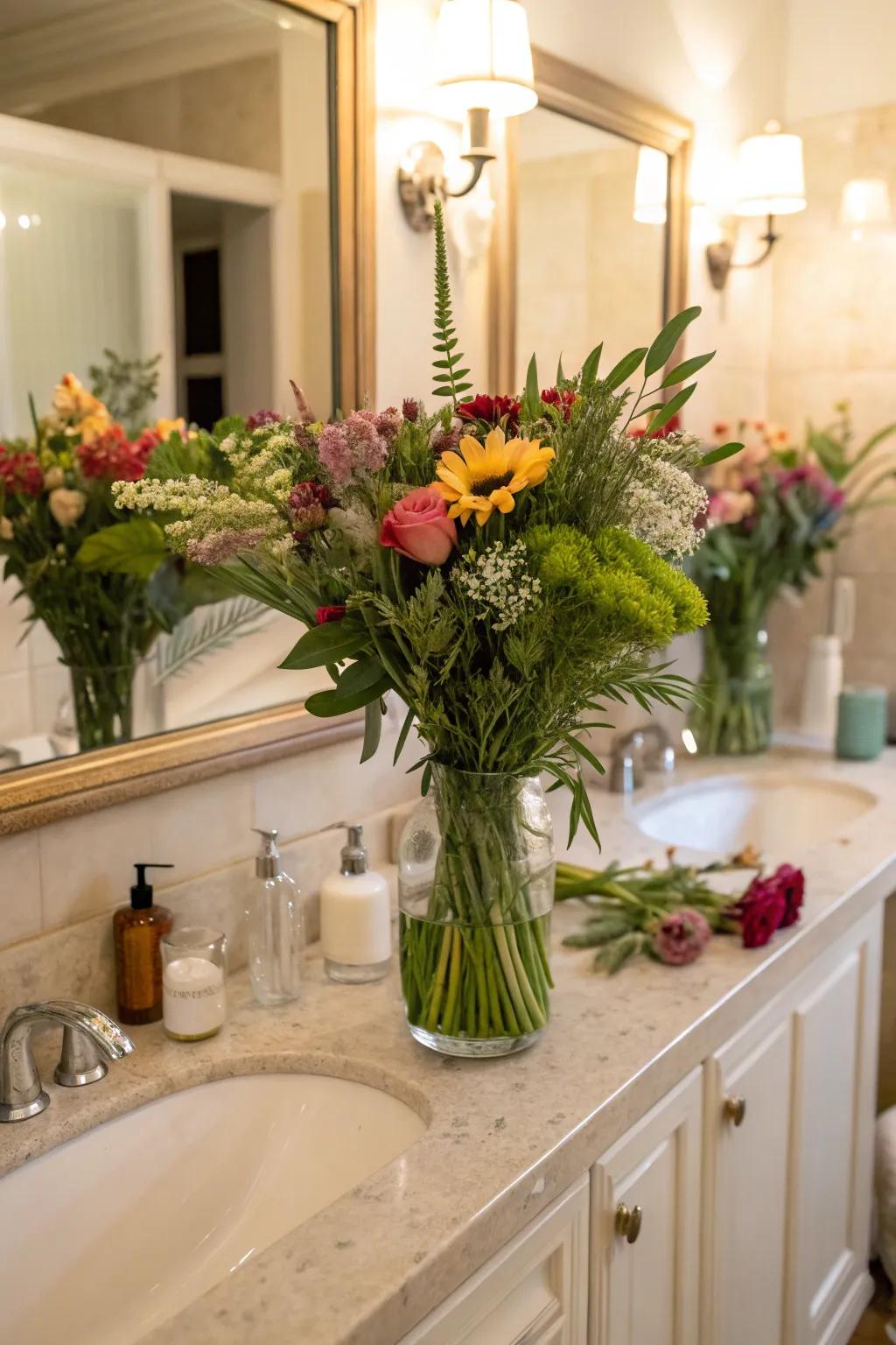 Blend and combine containers for an artistic impression on your bathroom counter.