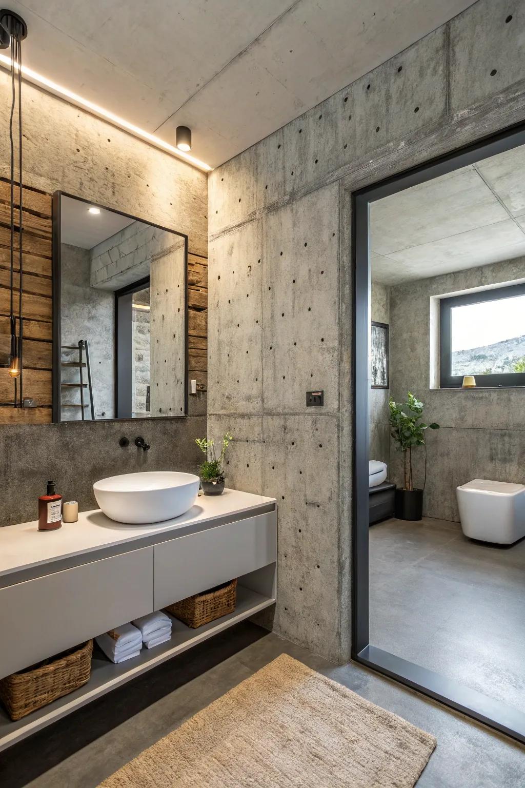 Textured concrete walls contribute a contemporary edge to bathroom designs.