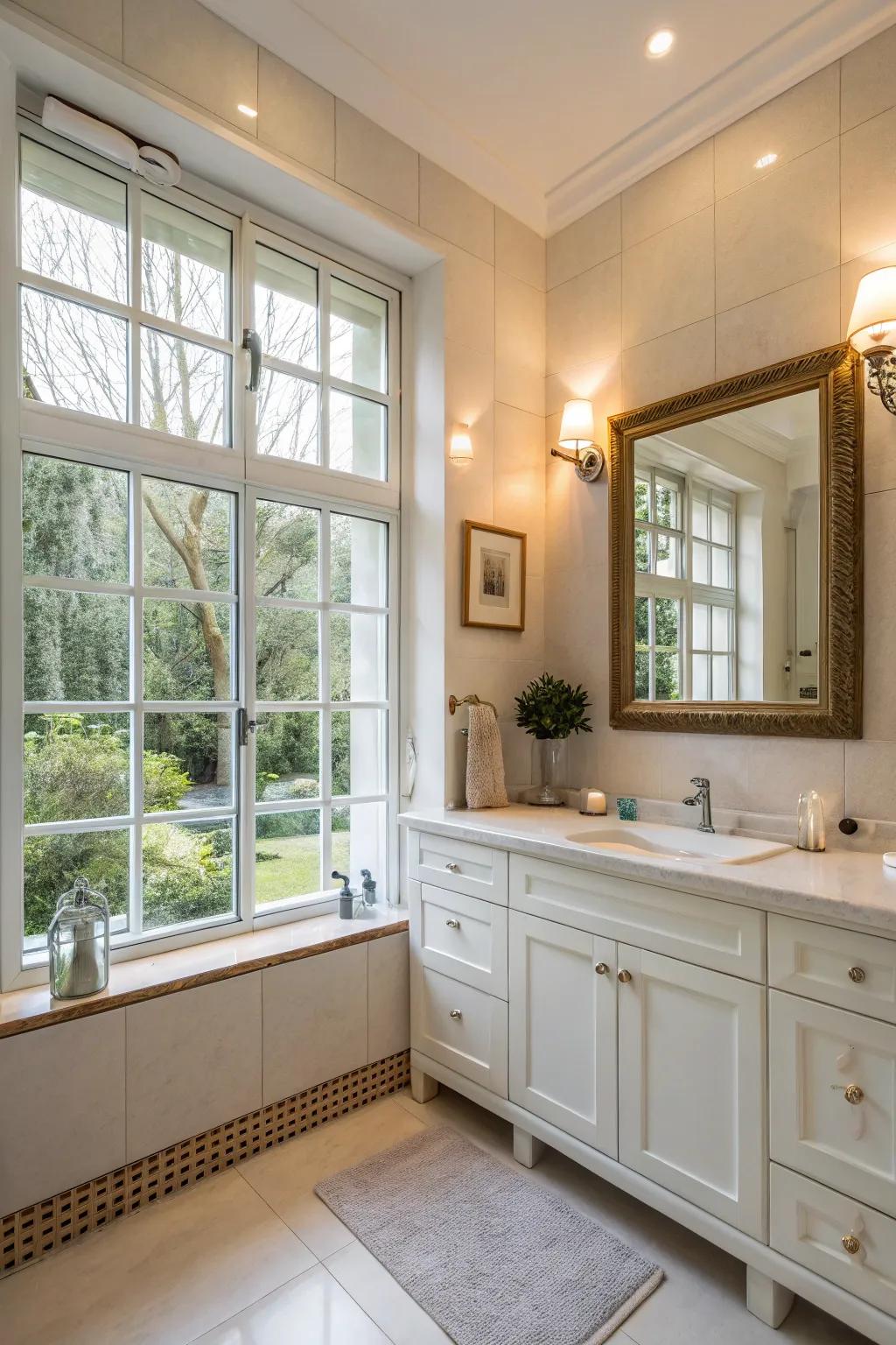 A bathroom design that uses natural light to create a vibrant and cheerful environment.