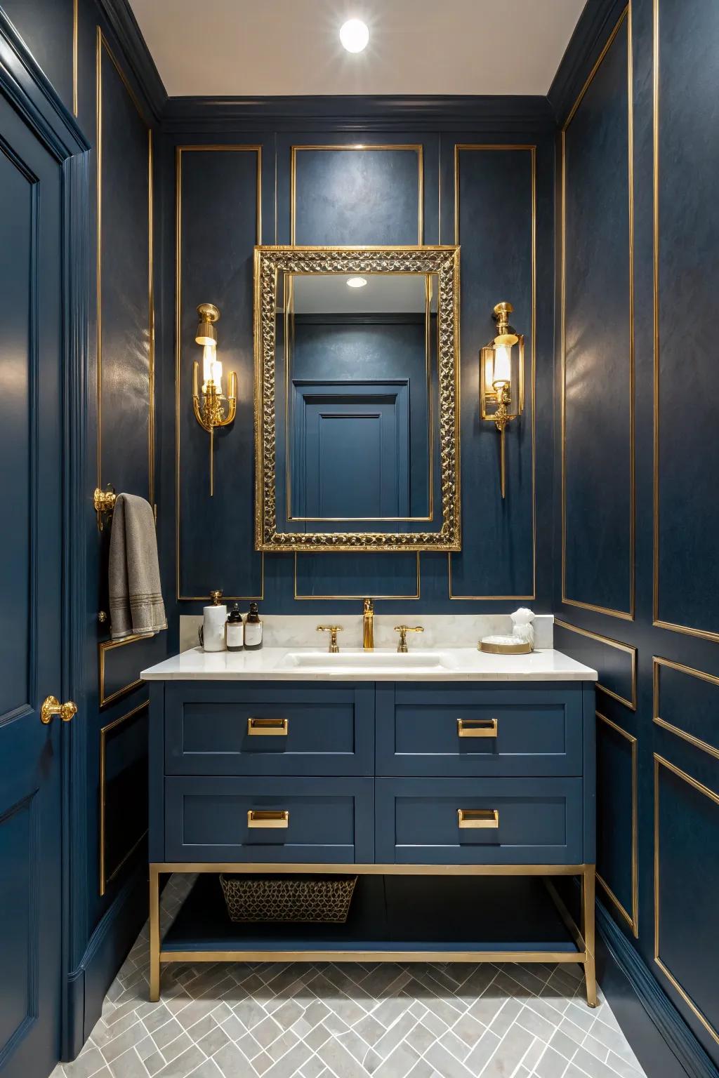 Intense indigo walls evoke a bold and dramatic bathroom ambiance.