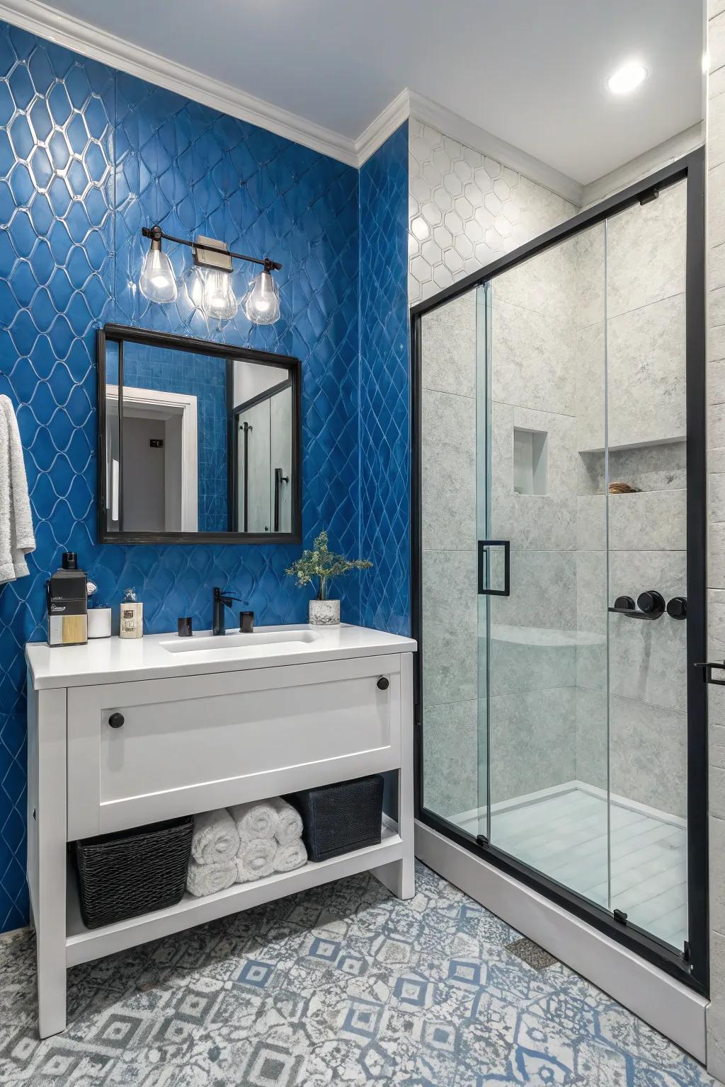 A bold and textured bathroom showcasing vibrant blue walls.