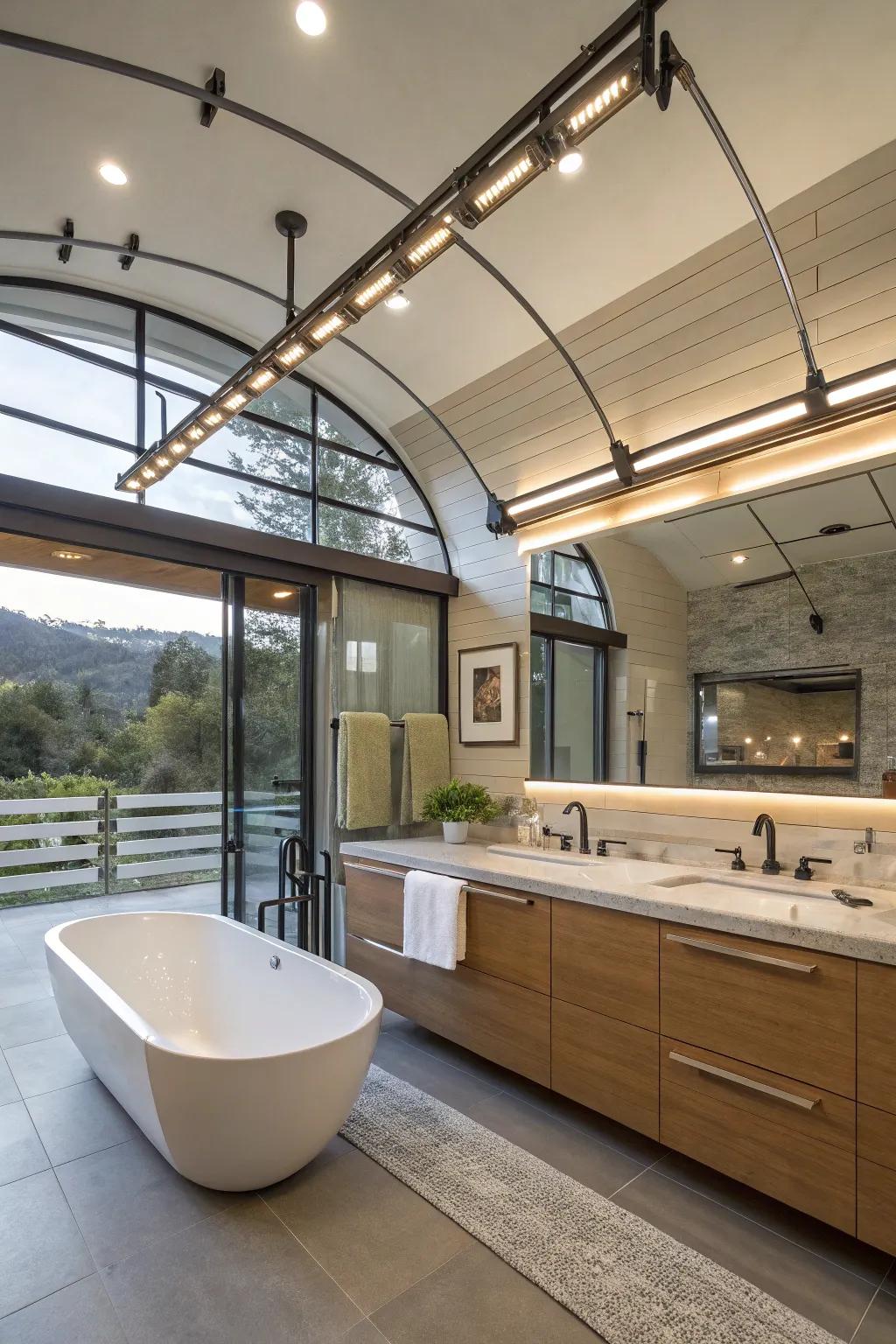 Single-rail illumination conforms exquisitely to distinctive bathroom layouts.