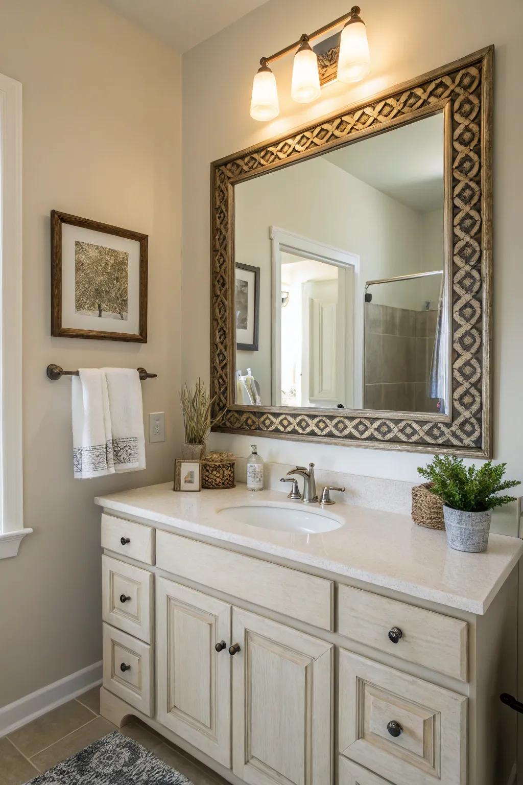 Framed mirrors and dressing tables contribute polish and coherence to the washroom.