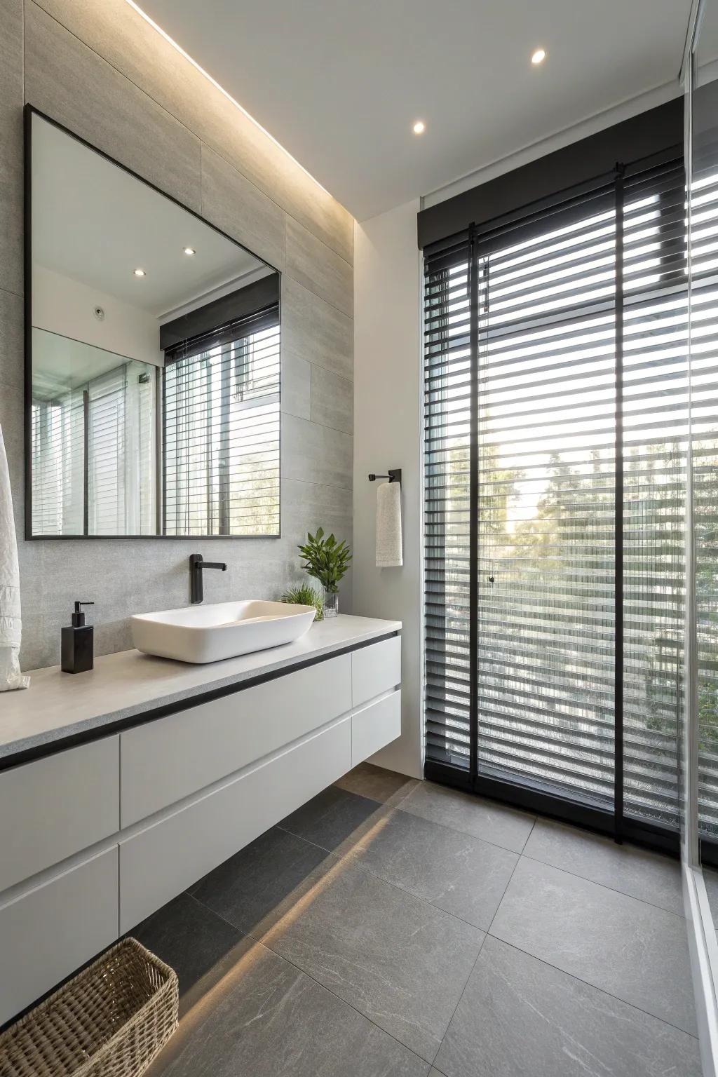 Sleek simplicity: Modern blinds enhance contemporary bathroom aesthetics.