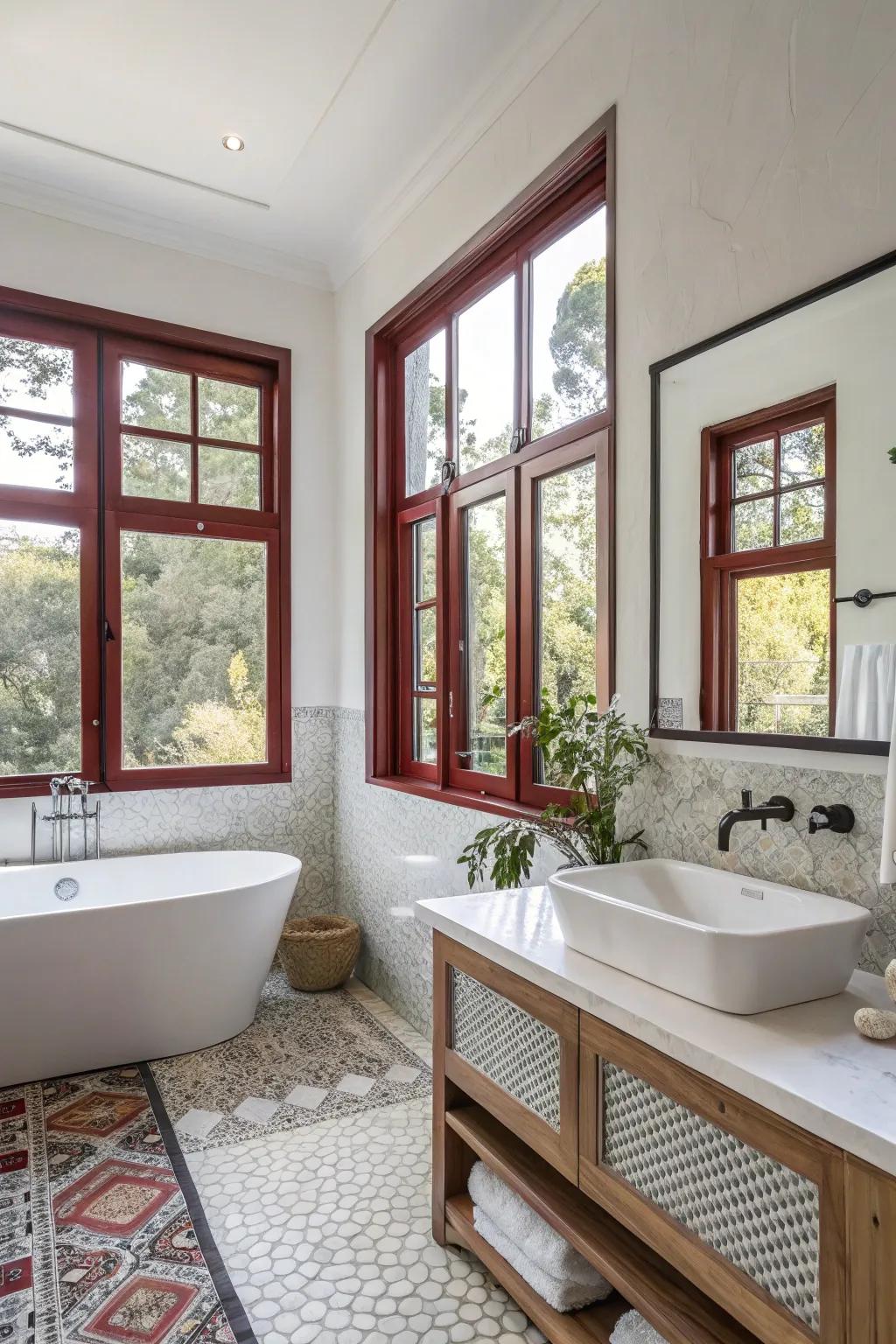 Elegant window surrounds enhance the style of the bathroom.