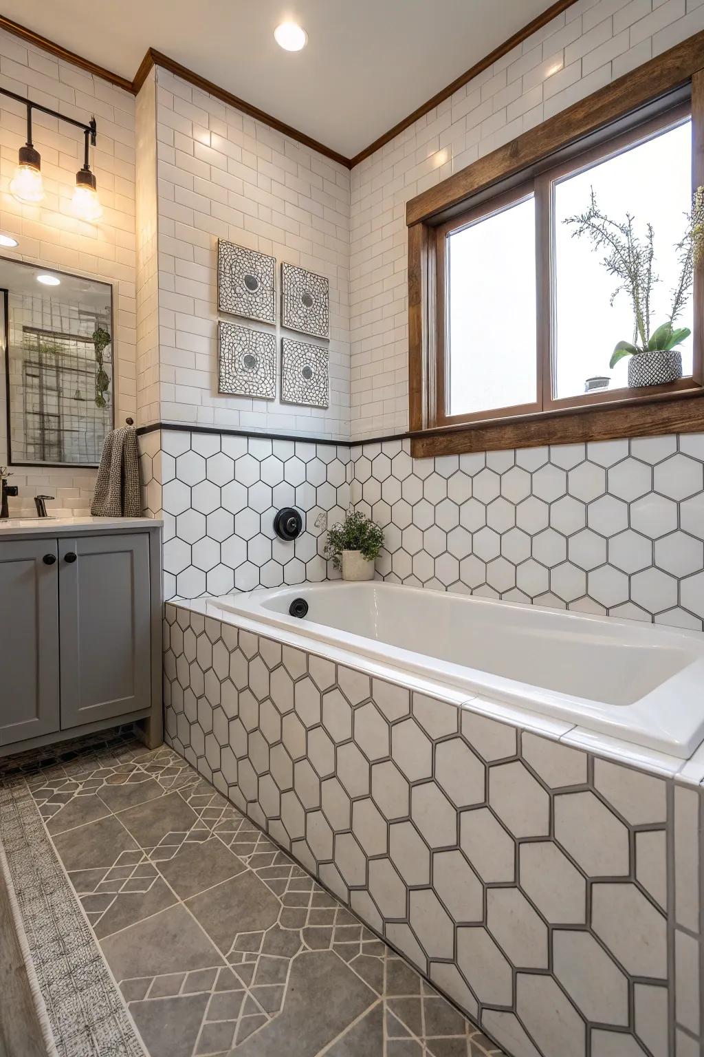 Hexagonal tiles provide a chic aspect to this bathtub space.