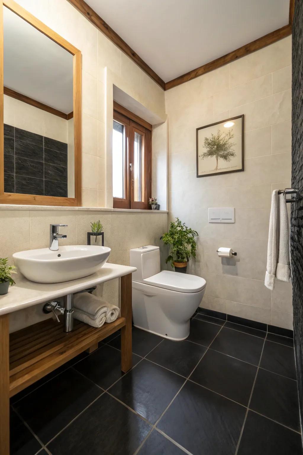 A minimalist strategy enhances the sophistication of a dark-toned floor.