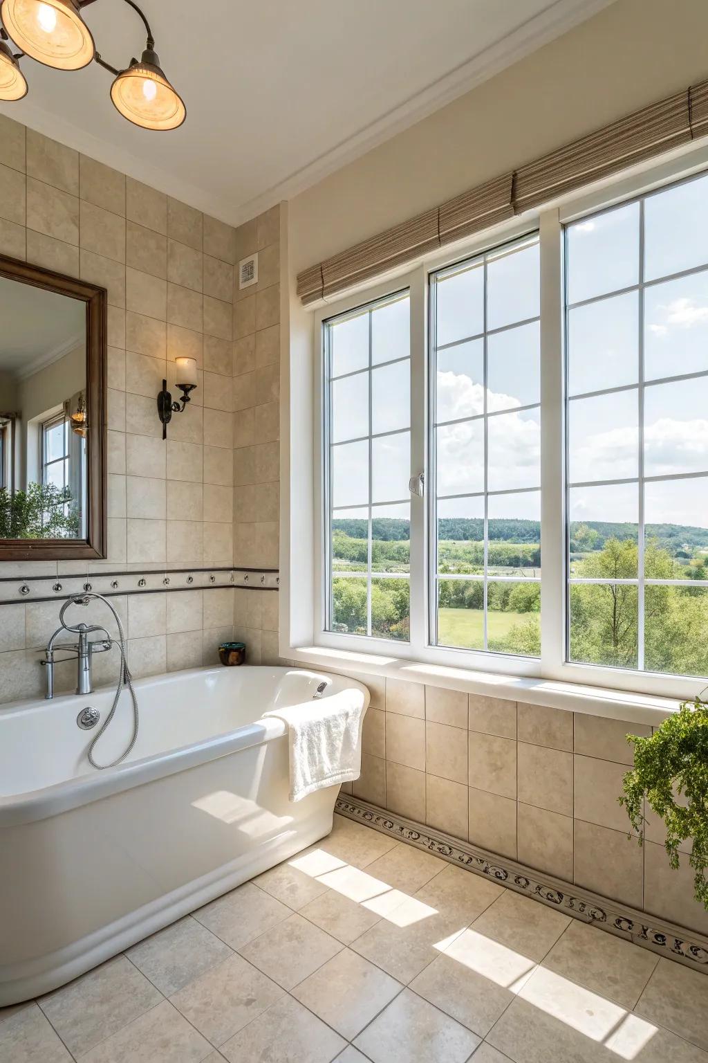 A radiant bathroom with sunlight enhancing the tub area.