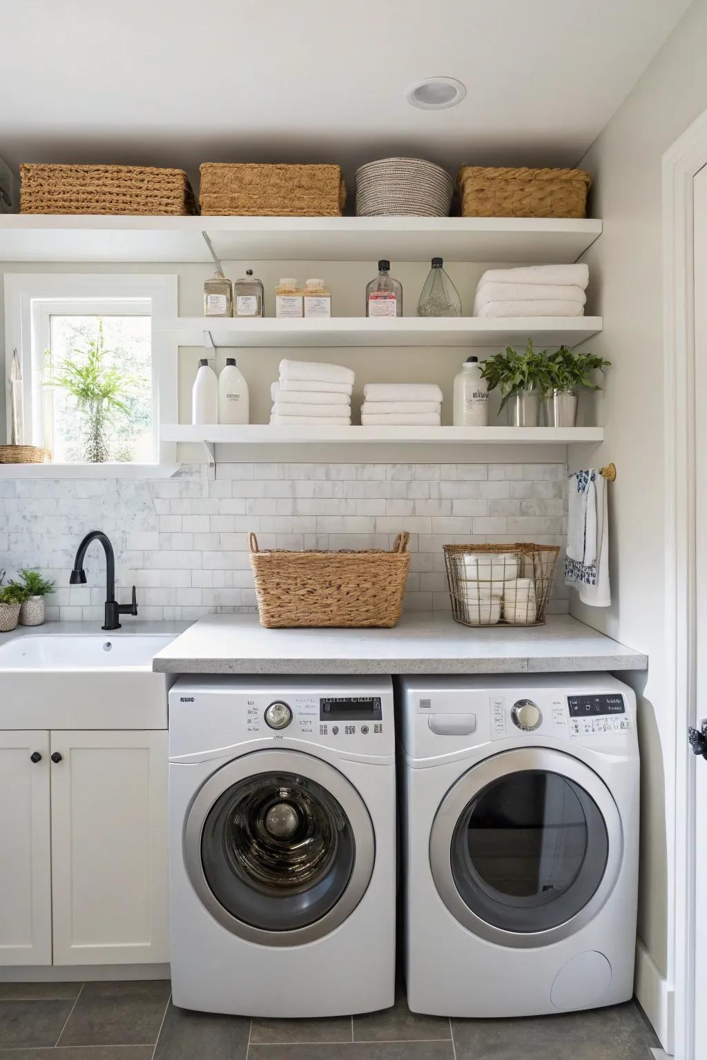 Floating shelves offer practical storage above laundry units.