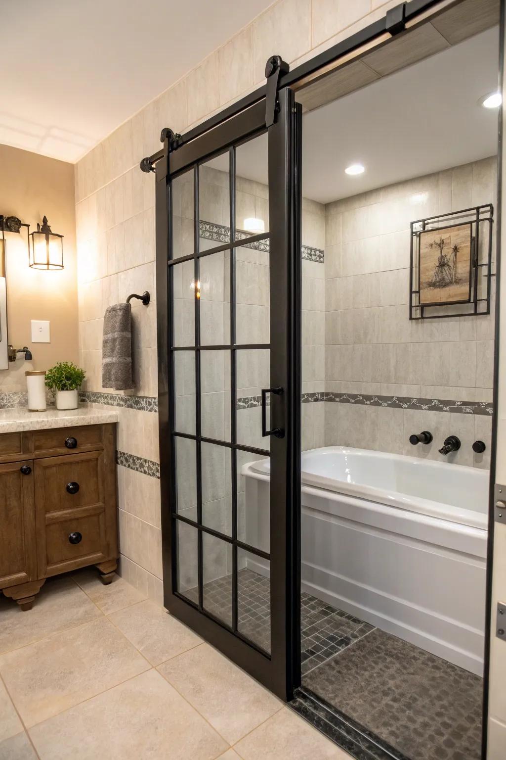 Black metal features inject a bold, contemporary element into bathroom designs.