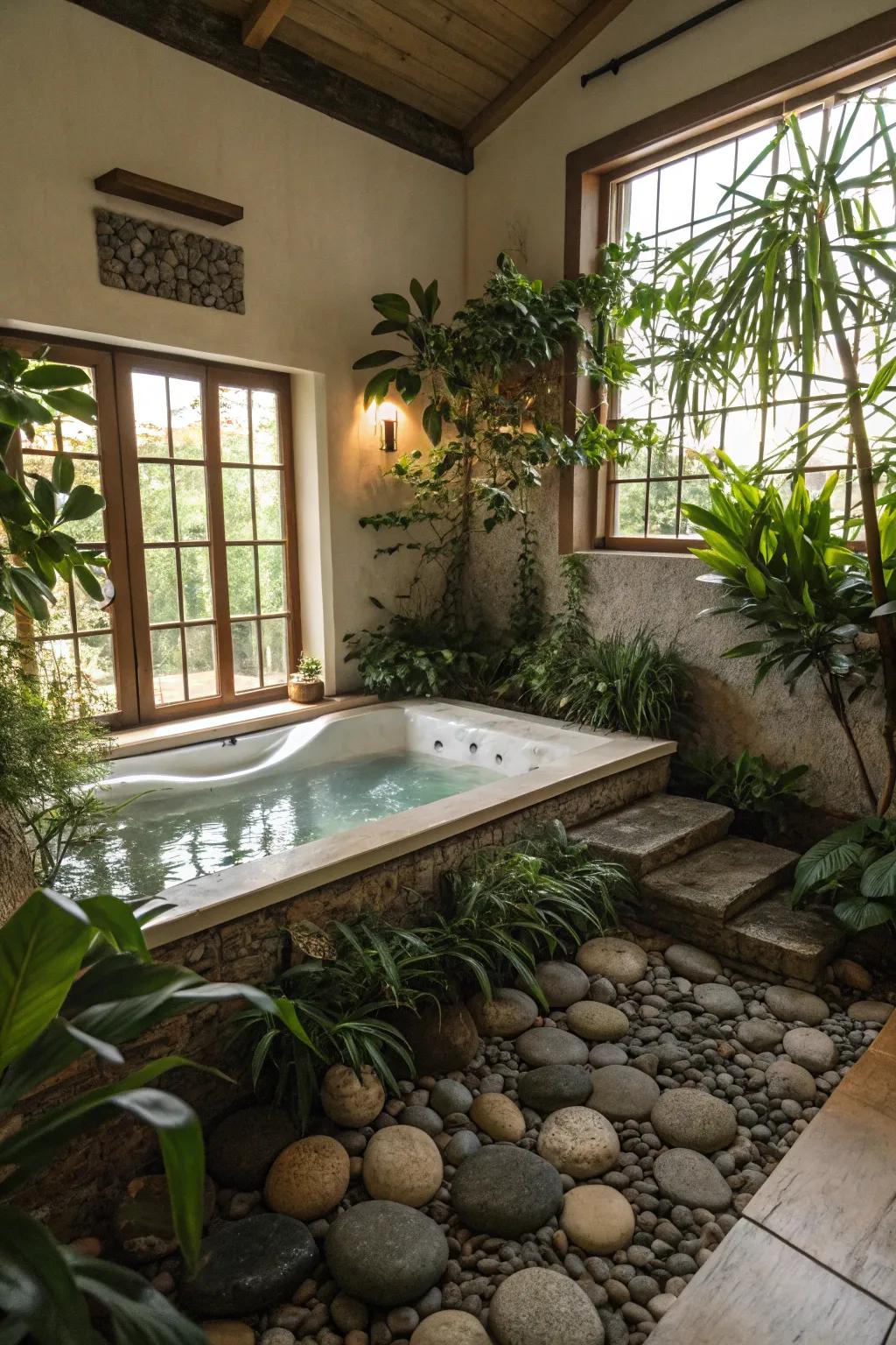 Design a serene, spa-like environment with organic elements surrounding your bathtub.