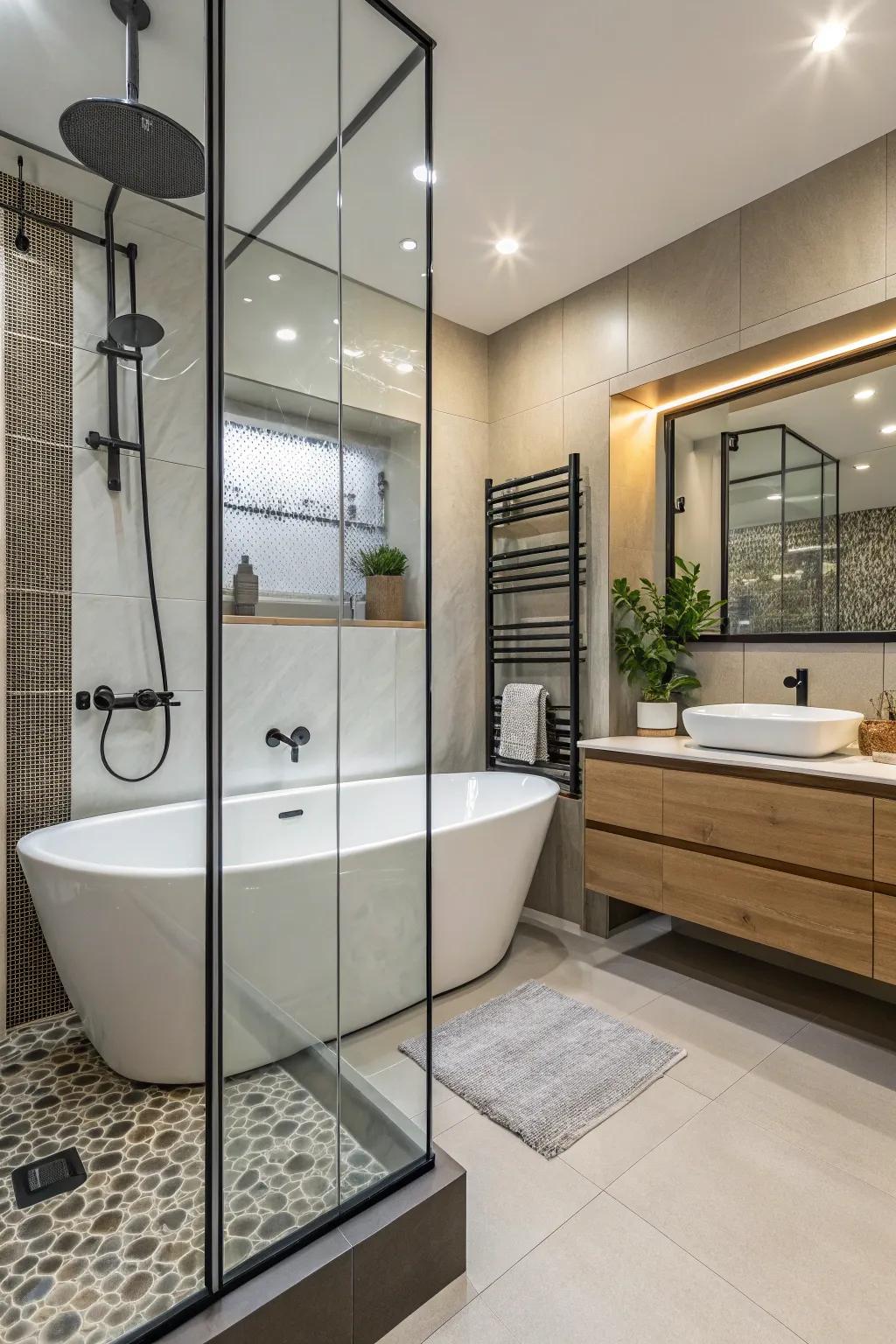 A bathtub within a glass enclosure unites functionality with modern design.