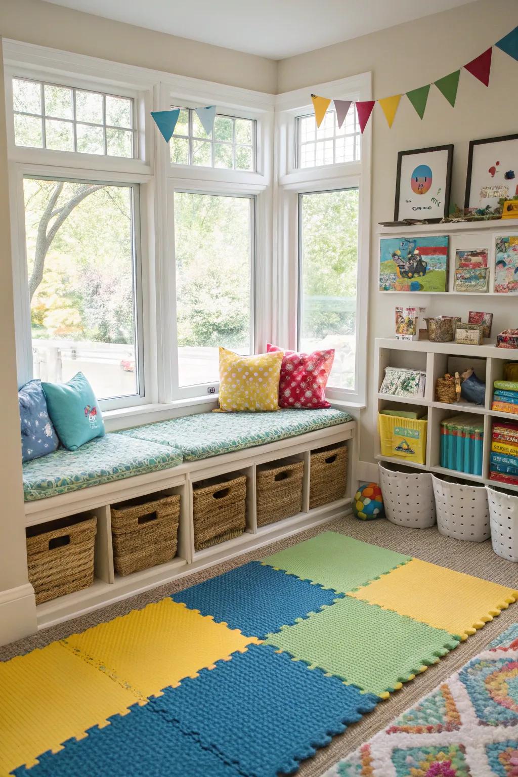 A bay window play space offers a cheerful and vibrant area for kids.