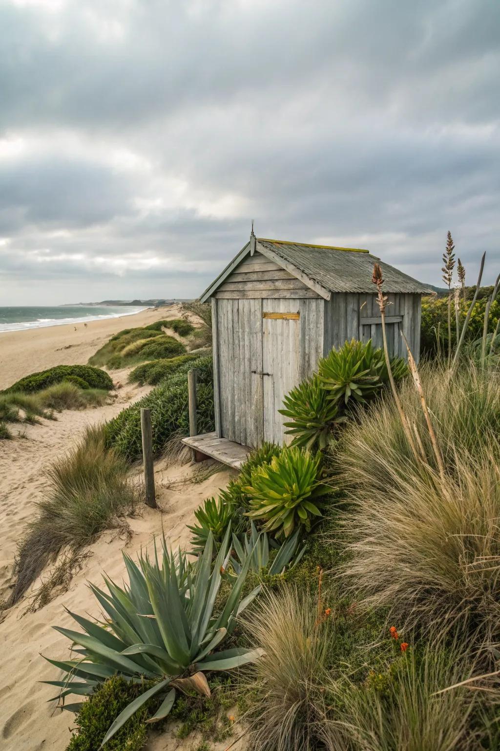Coastal plants form a natural border around the beach outbuilding.