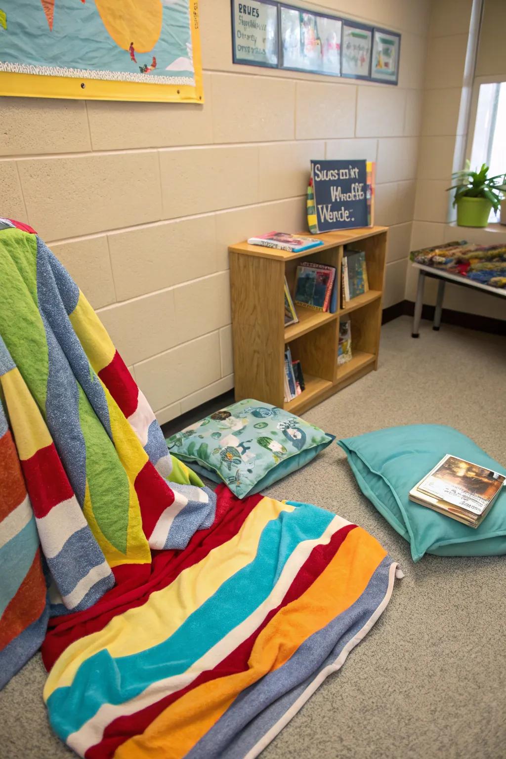 A cozy reading space with seaside cloths, perfect for unwinding with a book.