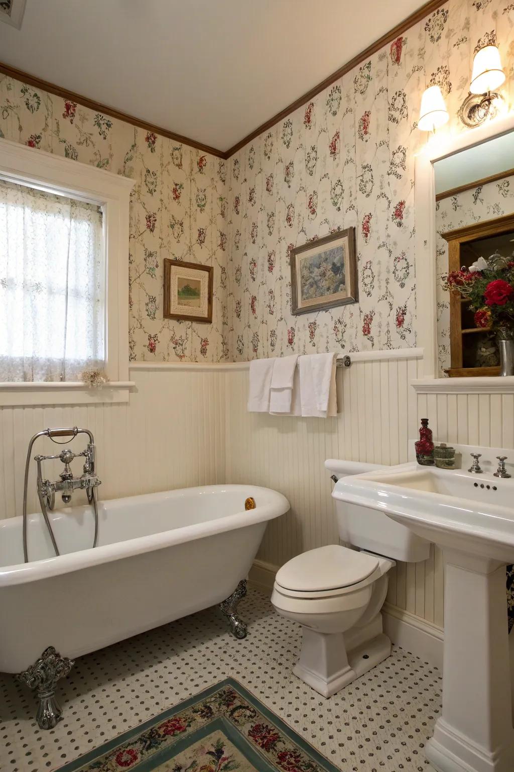 Combine raised paneling with wall coverings for a layered impression.